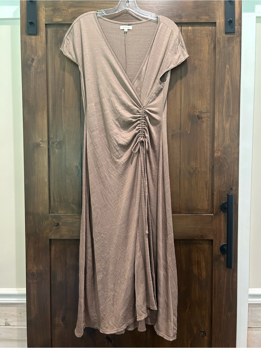 M437 Max Studio Ruched V-Neck Midi Dress — Taupe Sz. L